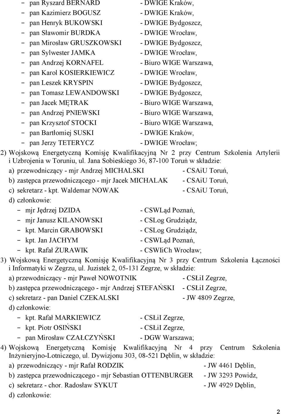 Andrzej PNIEWSKI pan Krzysztof STOCKI pan Bartłomiej SUSKI - DWIGE Kraków, pan Jerzy TETERYCZ - DWIGE Wrocław; 2) Wojskową Energetyczną Komisję Kwalifikacyjną Nr 2 przy Centrum Szkolenia Artylerii i