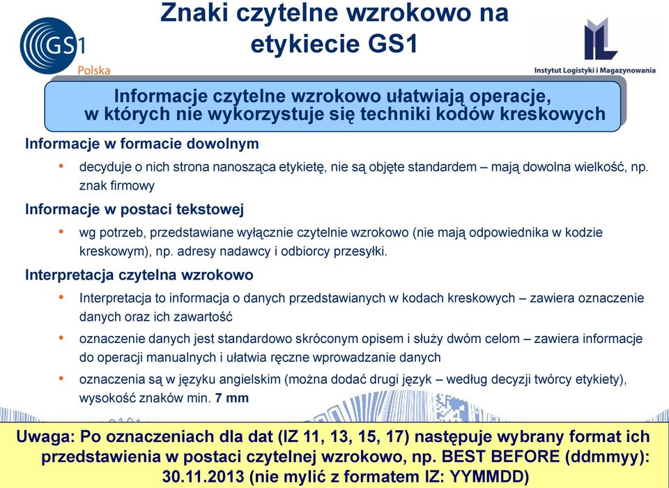 znak firmowy Informacje w postaci tekstowej wg potrzeb, przedstawiane wyłącznie czytelnie wzrokowo (nie mają odpowiednika w kodzie kreskowym), np. adresy nadawcy i odbiorcy przesyłki.