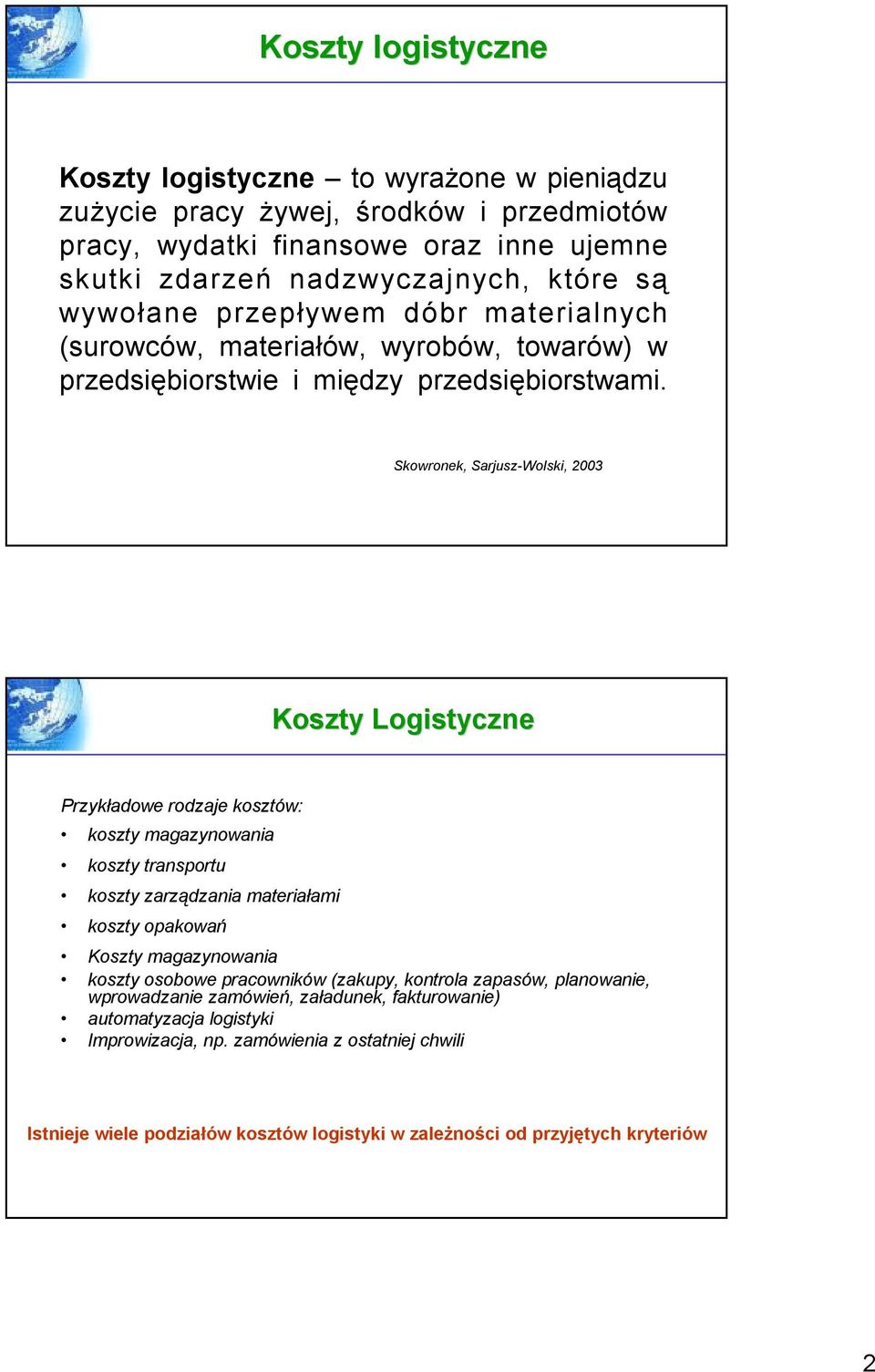 Skowronek, Sarjusz-Wolski, 2003 Koszty Logistyczne Przykładowe rodzaje kosztów: koszty magazynowania koszty transportu koszty zarządzania materiałami koszty opakowań Koszty magazynowania