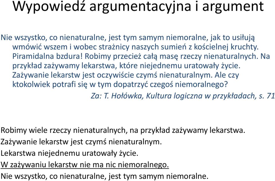 Zażywanie lekarstw jest oczywiście czymś nienaturalnym. Ale czy ktokolwiek potrafi się w tym dopatrzyć czegoś niemoralnego? Za: T. Hołówka, Kultura logiczna w przykładach, s.