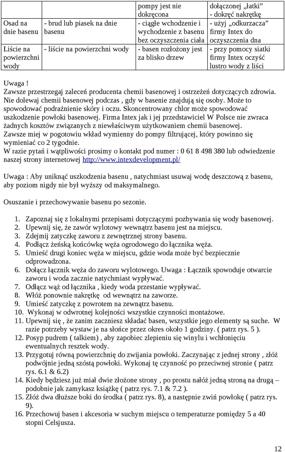 Zawsze przestrzegaj zaleceń producenta chemii basenowej i ostrzeżeń dotyczących zdrowia. Nie dolewaj chemii basenowej podczas, gdy w basenie znajdują się osoby.