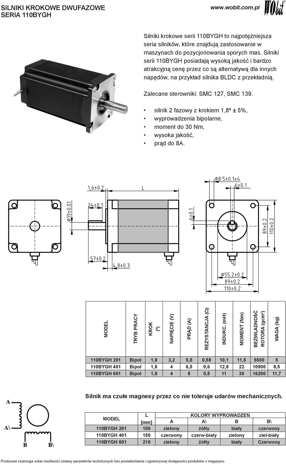 silnik 2 fazowy z krokiem 1,8º ± 5%, wyprowadzenia bipolarne, moment do 30 Nm, wysoka jakość, prąd do 8A. TRYB PRACY KROK (º) NAPIĘCIE (V) PRĄD (A) REZYSTANCJA (Ω) INDUKC.