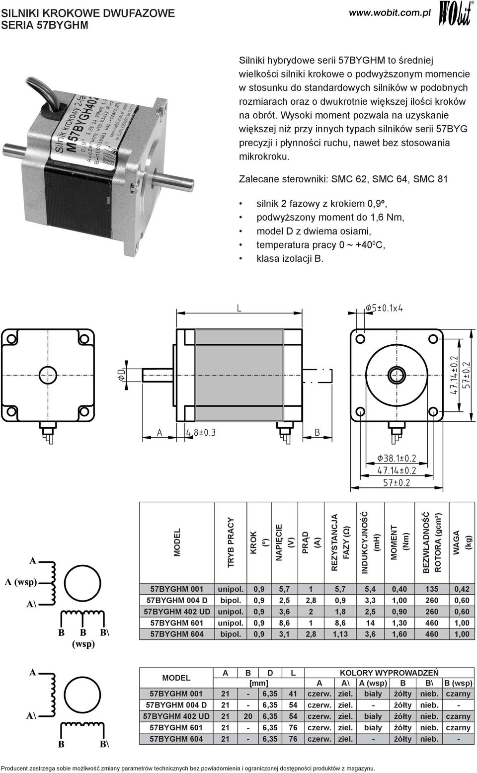 Zalecane sterowniki: SMC 62, SMC 64, SMC 81 silnik 2 fazowy z krokiem 0,9º, podwyższony moment do 1,6 Nm, model D z dwiema osiami, temperatura pracy 0 ~ +40 0 C, klasa izolacji B.