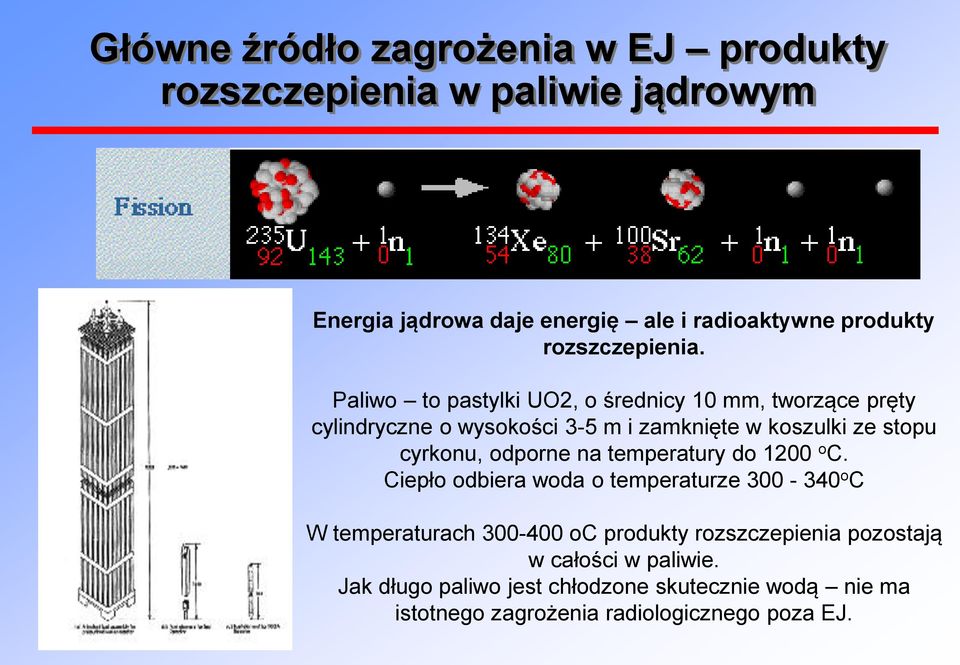 Paliwo to pastylki UO2, o średnicy 10 mm, tworzące pręty cylindryczne o wysokości 3-5 m i zamknięte w koszulki ze stopu cyrkonu,
