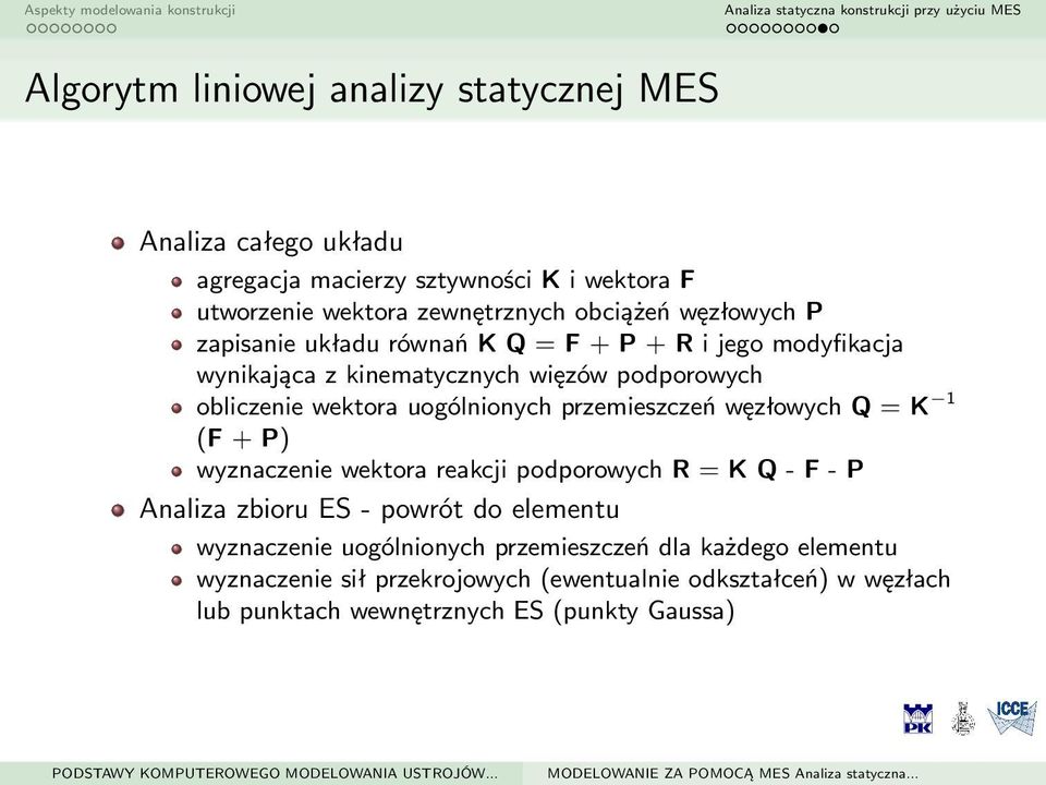 przemieszczeń węzłowych Q = K 1 (F + P) wyznaczenie wektora reakcji podporowych R = K Q - F - P Analiza zbioru ES - powrót do elementu wyznaczenie