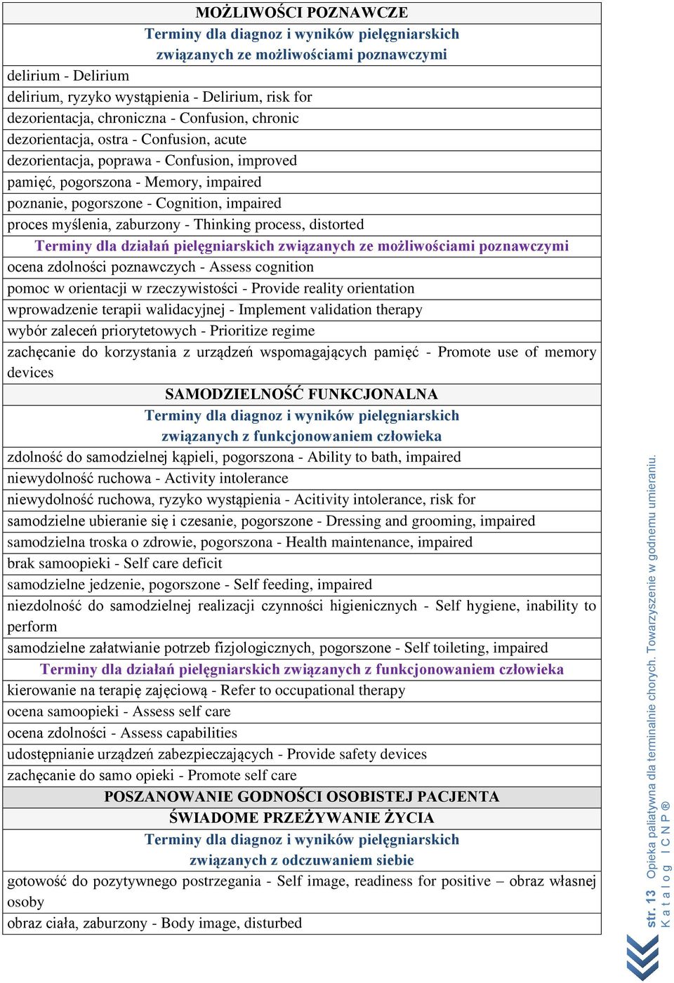 proces myślenia, zaburzony - Thinking process, distorted Terminy dla działań pielęgniarskich związanych ze możliwościami poznawczymi ocena zdolności poznawczych - Assess cognition pomoc w orientacji