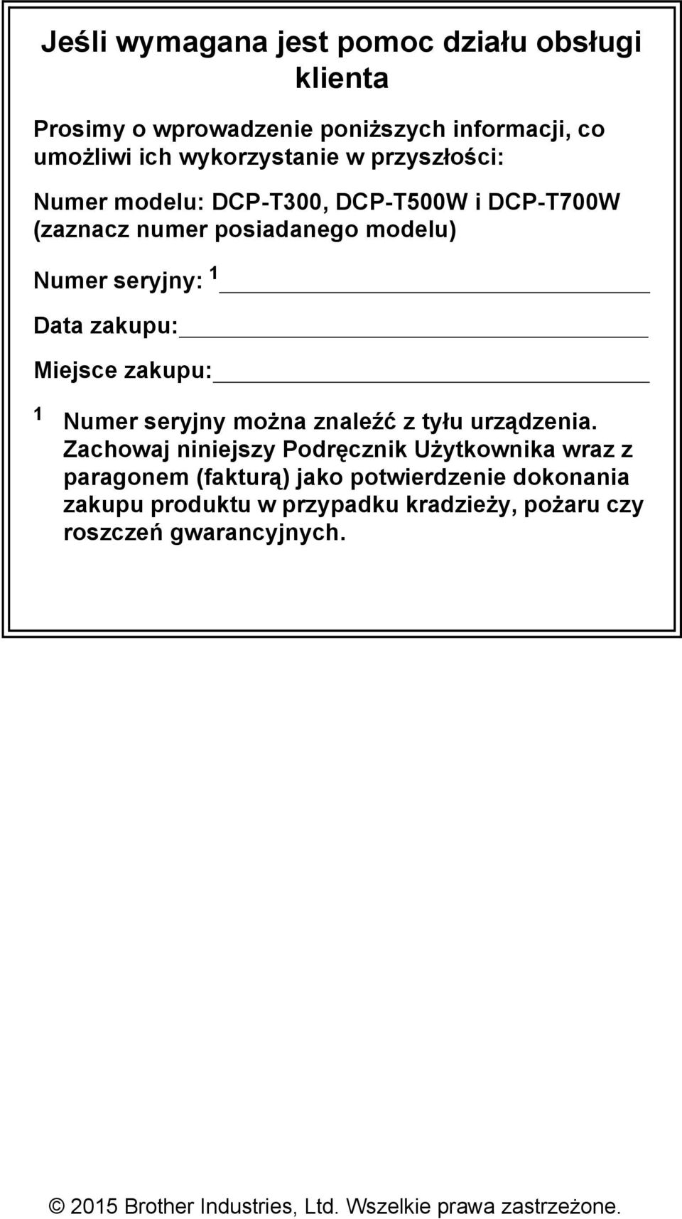 zakupu: 1 Numer seryjny można znaleźć z tyłu urządzenia.