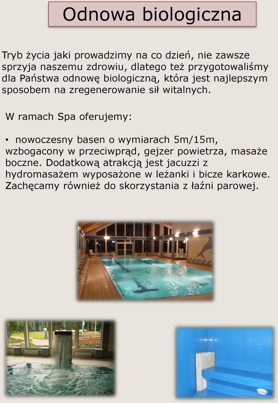 W ramach Spa oferujemy: nowoczesny basen o wymiarach 5m/15m, wzbogacony w przeciwprąd, gejzer powietrza, masaże boczne.