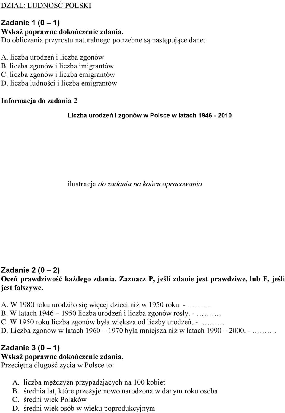 liczba ludności i liczba emigrantów Informacja do zadania 2 Liczba urodzeń i zgonów w Polsce w latach 1946-2010 ilustracja do zadania na końcu opracowania Zadanie 2 (0 2) Oceń prawdziwość każdego