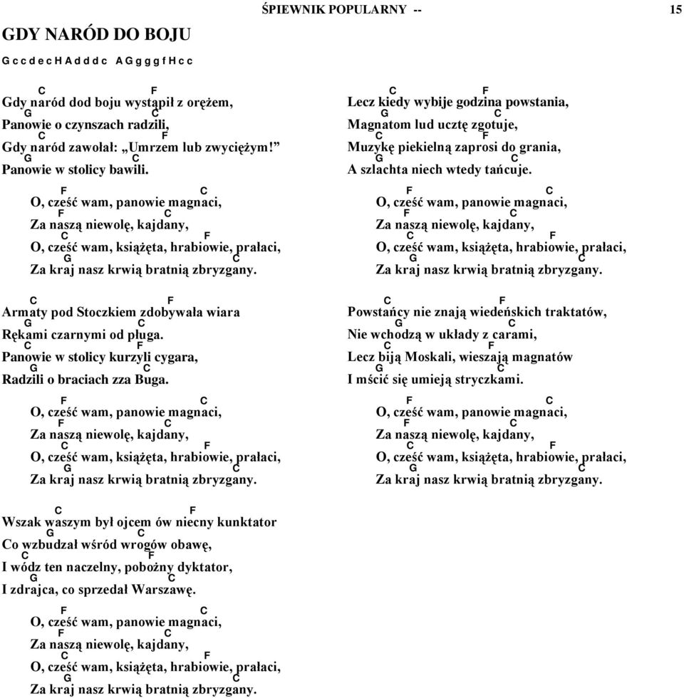 Pnowi w stolicy kurzyli cygr, Rzili o brcich zz Bug. O, czść wm, pnowi mgnci, Z nszą niwolę, kjny, O, czść wm, ksiąŝęt, hrbiowi, prłci, Z krj nsz krwią brtnią zbryzgny.