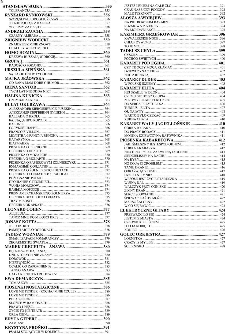 ..362 O RANA MAM OBRY HUMOR...362 IRNA SANTOR...362 TYH LAT NI OA NIKT...362 HALINA KUNIKA...363 ZUMBALALAJKA...363 BUŁAT OKUśAWA...364 ALKSANR SIRIJWIZ PUSZKIN...364 АЛЕКСАНДР СЕРГЕЕВИЧ ПУШКИН.