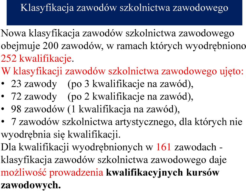 W klasyfikacji zawodów szkolnictwa zawodowego ujęto: 23 zawody (po 3 kwalifikacje na zawód), 72 zawody (po 2 kwalifikacje na zawód), 98