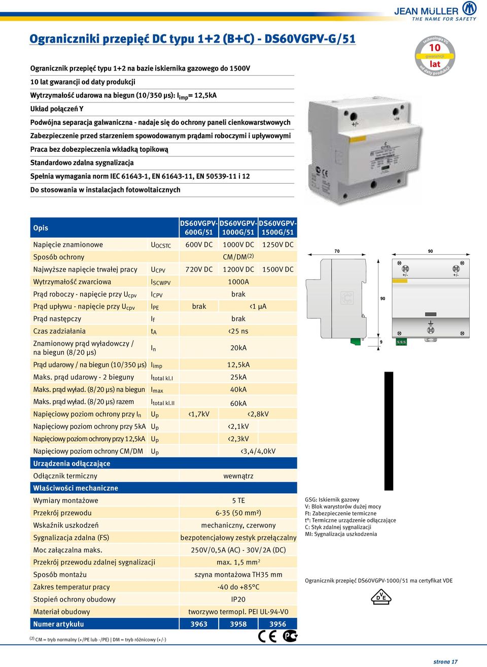 upływowymi Praca bez dobezpieczenia wkładką topikową Standardowo zdalna sygnalizacja Spełnia wymagania norm IEC 61643 1, EN 61643 11, EN 50539-11 i 12 Do stosowania w instalacjach fotowoltaicznych 10