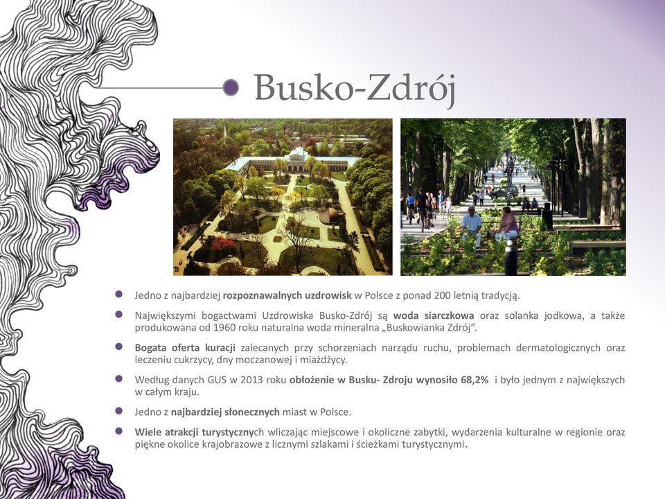 Bogata oferta kuracji zalecanych przy schorzeniach narządu ruchu, problemach dermatologicznych oraz leczeniu cukrzycy, dny moczanowej i miażdżycy.