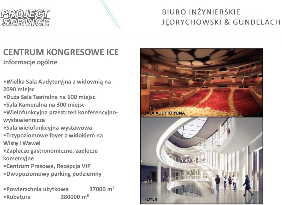 wystawowa Trzypoziomowe foyer z widokiem na Wisłę i Wawel Zaplecze gastronomiczne, zaplecze komercyjne Centrum