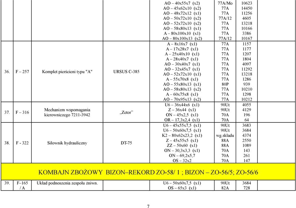 (x1) A 25x40x10 (x1) A 28x40x7 (x1) AO 30x40x7 (x1) AO 32x45x7 (x1) AO 52x72x10 (x1) A 55x70x8 (x1) AO 55x80x13 (x1) AO 58x80x13 (x2) A 60x75x8 (x1) AO 70x95x13 (x2) ON 45x2,5 (x1) OR 17,3x2,4 (x1)
