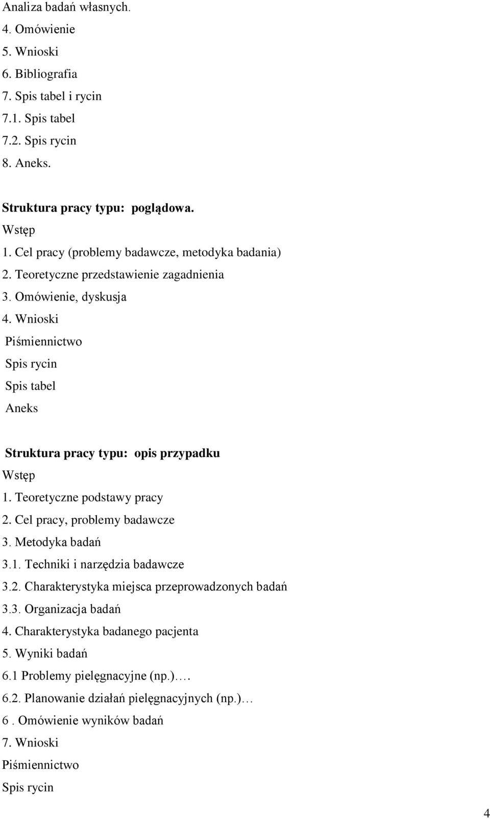 Wnioski Piśmiennictwo Spis rycin Spis tabel Aneks Struktura pracy typu: opis przypadku Wstęp 1. Teoretyczne podstawy pracy 2. Cel pracy, problemy badawcze 3. Metodyka badań 3.1. Techniki i narzędzia badawcze 3.