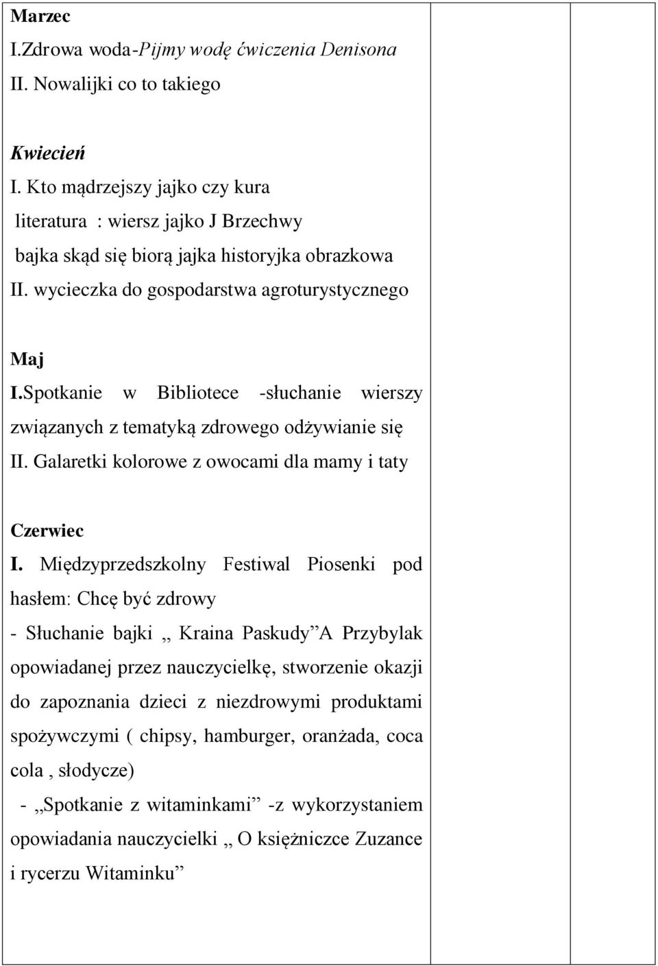 Spotkanie w Bibliotece -słuchanie wierszy związanych z tematyką zdrowego odżywianie się II. Galaretki kolorowe z owocami dla mamy i taty Czerwiec I.