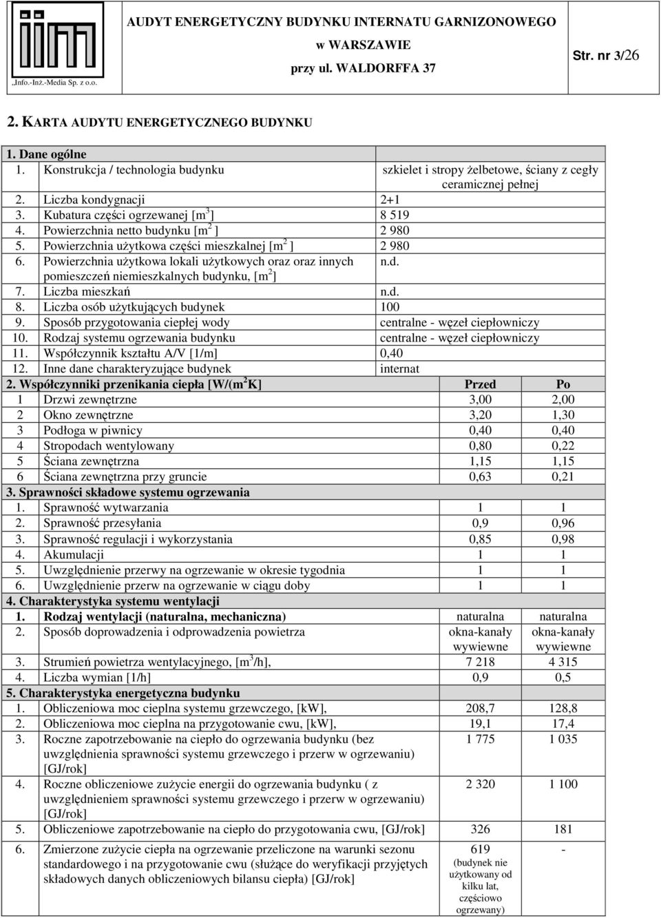 Powierzchnia użytkowa lokali użytkowych oraz oraz innych n.d. pomieszczeń niemieszkalnych budynku, [m 2 ] 7. Liczba mieszkań n.d. 8. Liczba osób użytkujących budynek 100 9.