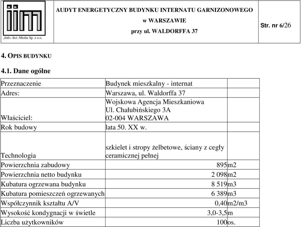 szkielet i stropy żelbetowe, ściany z cegły Technologia ceramicznej pełnej Powierzchnia zabudowy 895m2 Powierzchnia netto budynku 2