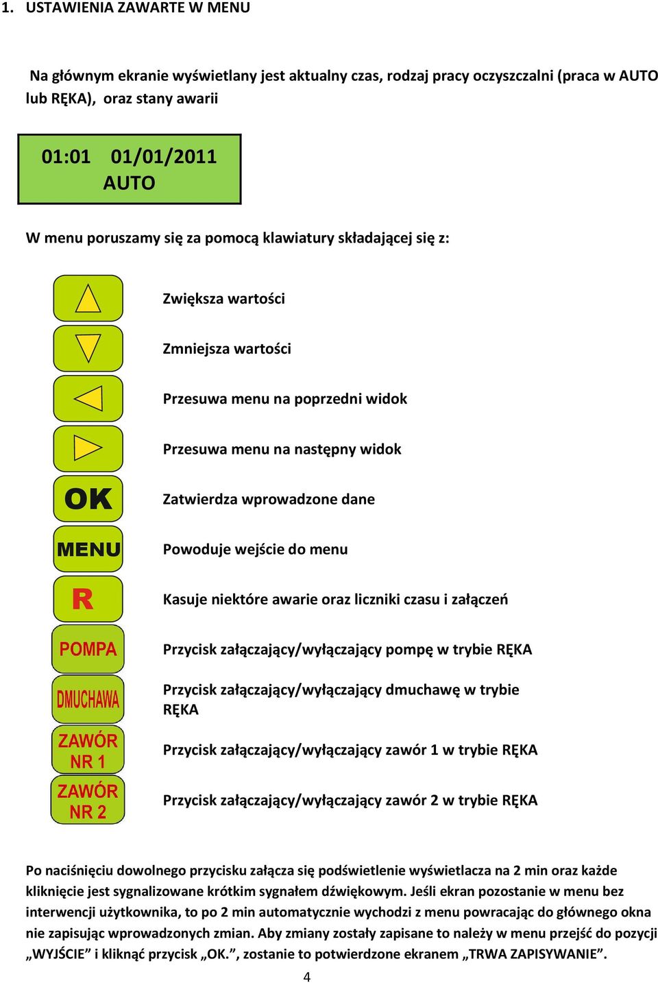 menu Kasuje niektóre awarie oraz liczniki czasu i załączeń Przycisk załączający/wyłączający pompę w trybie RĘKA Przycisk załączający/wyłączający dmuchawę w trybie RĘKA Przycisk