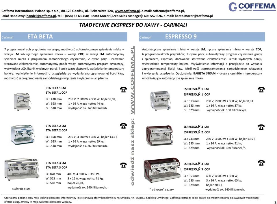 Dozowanie sterowane elektronicznie, automatyczny pobór wody, automatyczny program czyszczący, wyświetlacz LCD, licznik wydanych porcji, licznik czasu ekstrakcji, wyświetlanie temperatury bojlera,