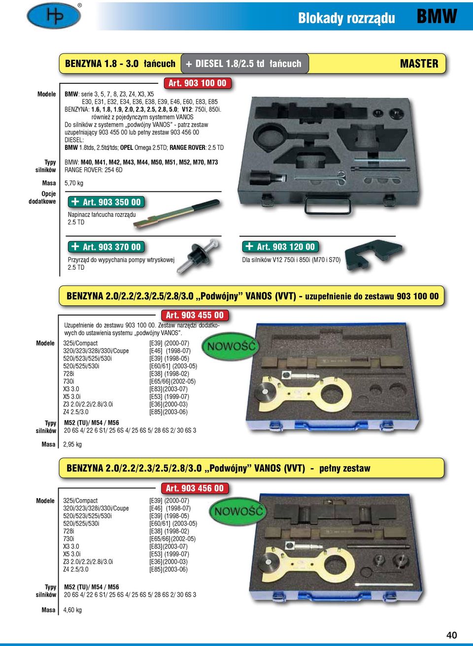 5td/tds; OPEL Omega 2.5TD; RANGE ROVER: 2.5 TD BMW: M40, M41, M42, M43, M44, M50, M51, M52, M70, M73 RANGE ROVER: 254 6D 5,70 kg + Art. 903 350 00 Napinacz łańcucha rozrządu 2.5 TD Art.