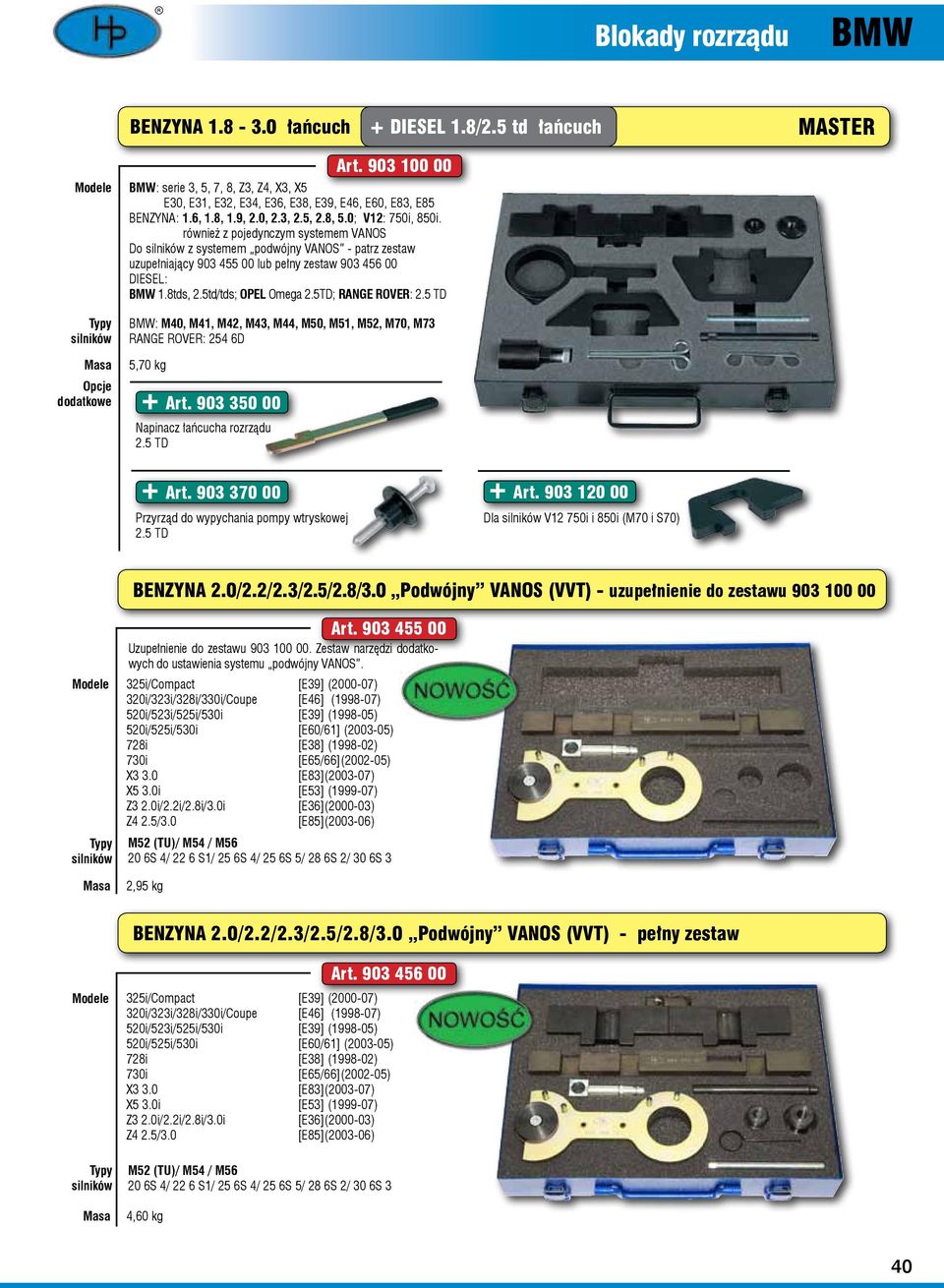 5td/tds; OPEL Omega 2.5TD; RANGE ROVER: 2.5 TD BMW: M40, M41, M42, M43, M44, M50, M51, M52, M70, M73 RANGE ROVER: 254 6D 5,70 kg + Art. 903 350 00 Napinacz łańcucha rozrządu 2.5 TD Art.