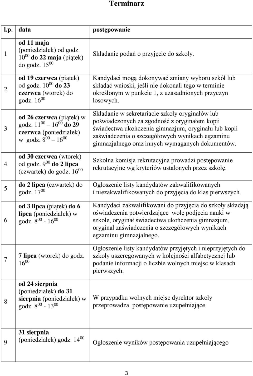 16 00 do 2 lipca (czwartek) do godz. 17 00 od 3 lipca (piątek) do 6 lipca (poniedziałek) w godz. 8 00-16 00 7 lipca (wtorek) do godz.