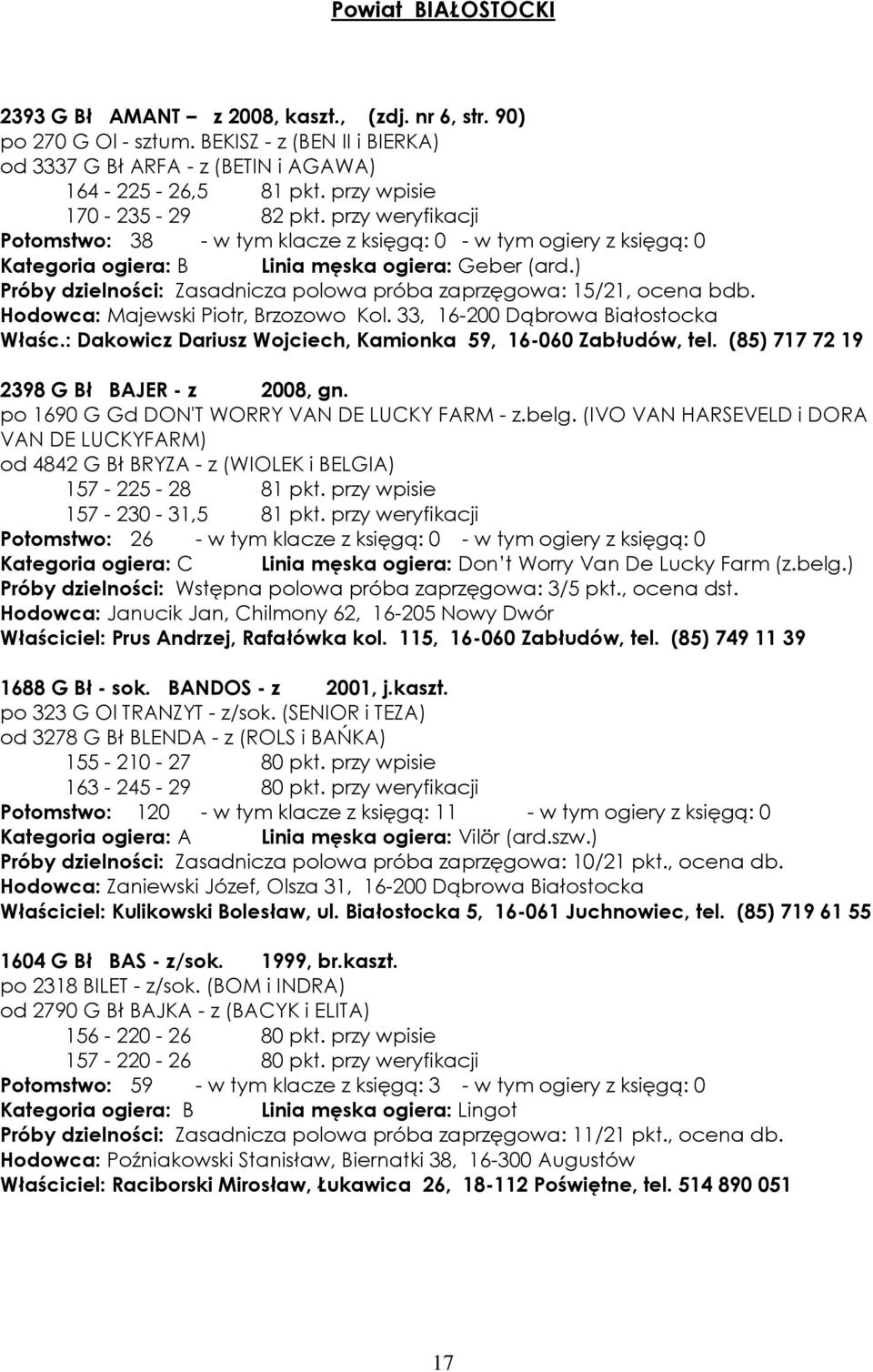 ) Próby dzielności: Zasadnicza polowa próba zaprzęgowa: 15/21, ocena bdb. Hodowca: Majewski Piotr, Brzozowo Kol. 33, 16-200 Dąbrowa Białostocka Właśc.