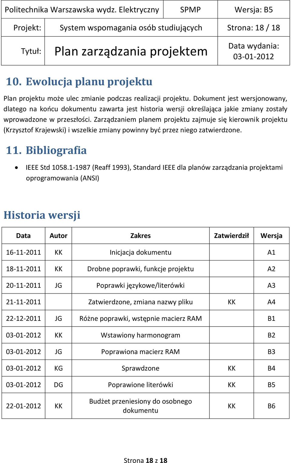 Zarządzaniem planem projektu zajmuje się kierownik projektu (Krzysztof Krajewski) i wszelkie zmiany powinny byd przez niego zatwierdzone. 11. Bibliografia IEEE Std 1058.