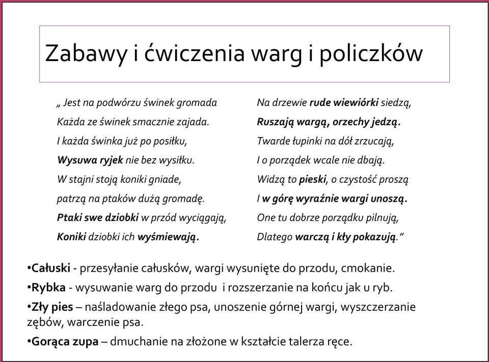 Twarde łupinki na dół zrzucają, I o porządek wcale nie dbają. Widzą to pieski, o czystość proszą I w górę wyraźnie wargi unoszą. One tu dobrze porządku pilnują, Dlatego warczą i kły pokazują.