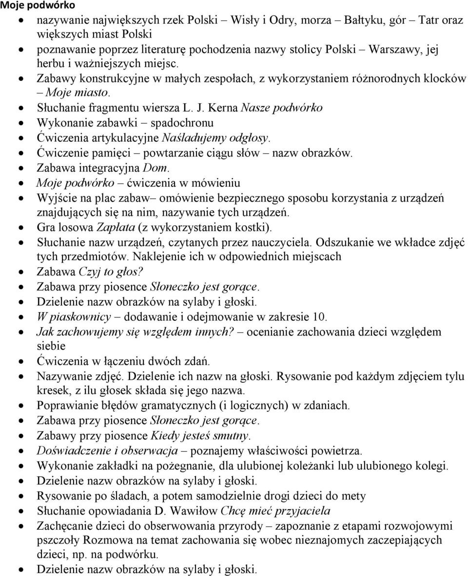 Kerna Nasze podwórko Wykonanie zabawki spadochronu Ćwiczenia artykulacyjne Naśladujemy odgłosy. Ćwiczenie pamięci powtarzanie ciągu słów nazw obrazków. Zabawa integracyjna Dom.