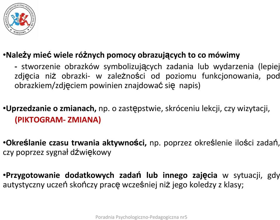 o zastępstwie, skróceniu lekcji, czy wizytacji, (PIKTOGRAM- ZMIANA) Określanie czasu trwania aktywności, np.