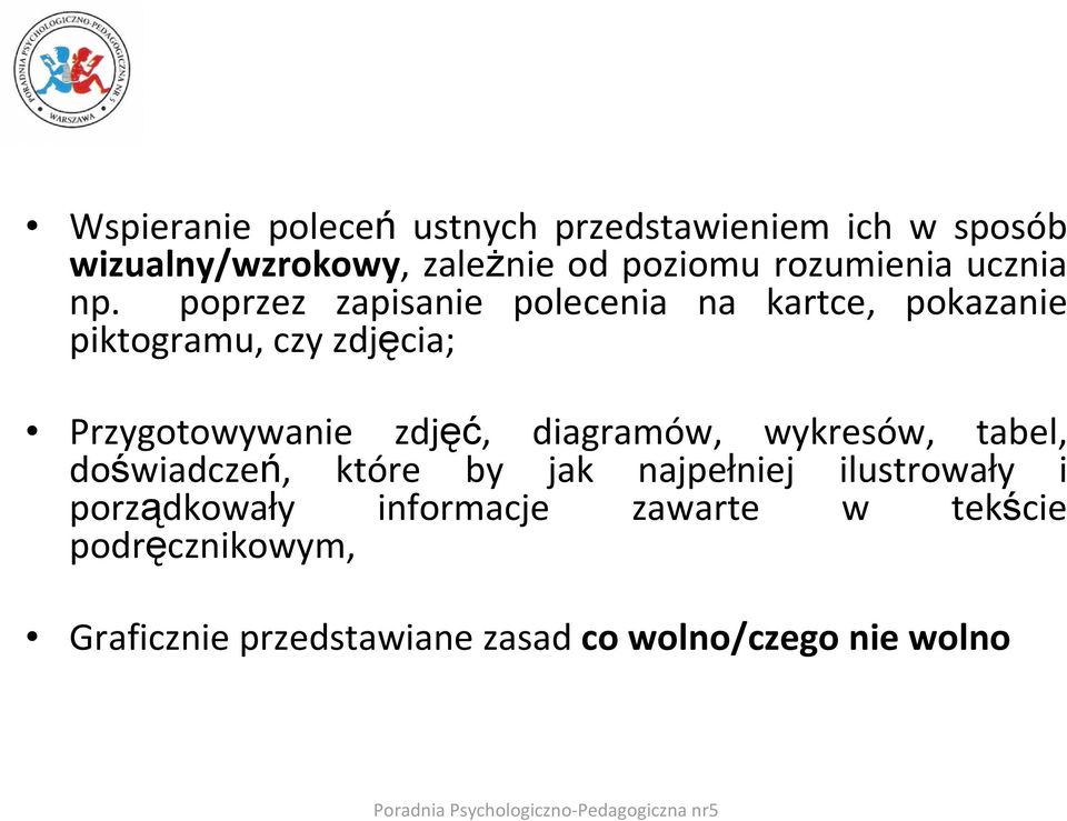 poprzez zapisanie polecenia na kartce, pokazanie piktogramu, czy zdjęcia; Przygotowywanie zdjęć, diagramów,