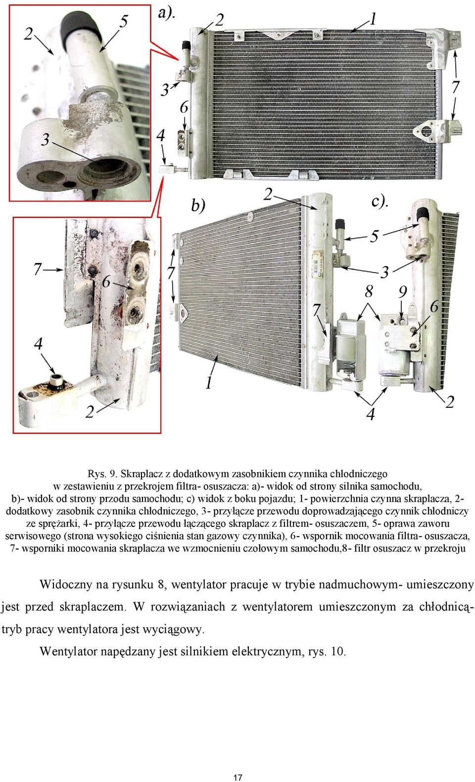 pojazdu; 1- powierzchnia czynna skraplacza, 2- dodatkowy zasobnik czynnika chłodniczego, 3- przyłącze przewodu doprowadzającego czynnik chłodniczy ze sprężarki, 4- przyłącze przewodu łączącego