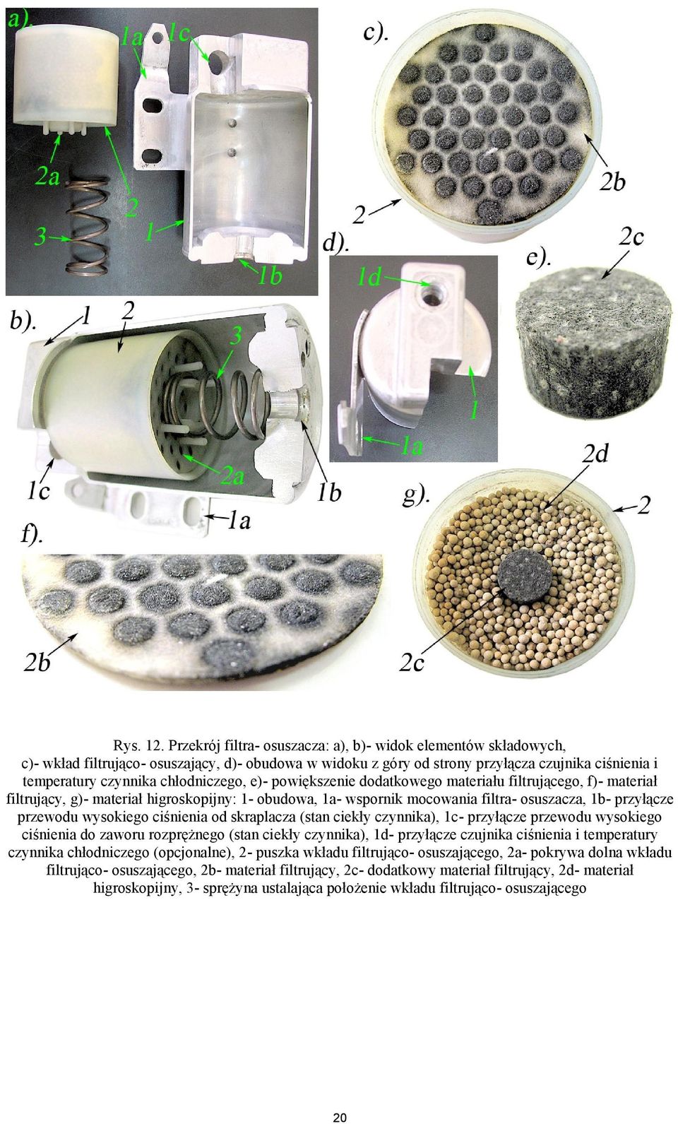 chłodniczego, e)- powiększenie dodatkowego materiału filtrującego, f)- materiał filtrujący, g)- materiał higroskopijny: 1- obudowa, 1a- wspornik mocowania filtra- osuszacza, 1b- przyłącze przewodu