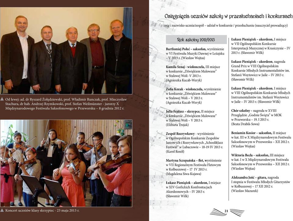 Rok szkolny 2012/2013 Bartłomiej Połeć saksofon, wyróżnienie w VI Festiwalu Muzyki Dawnej w Leżajsku V 2013 r.