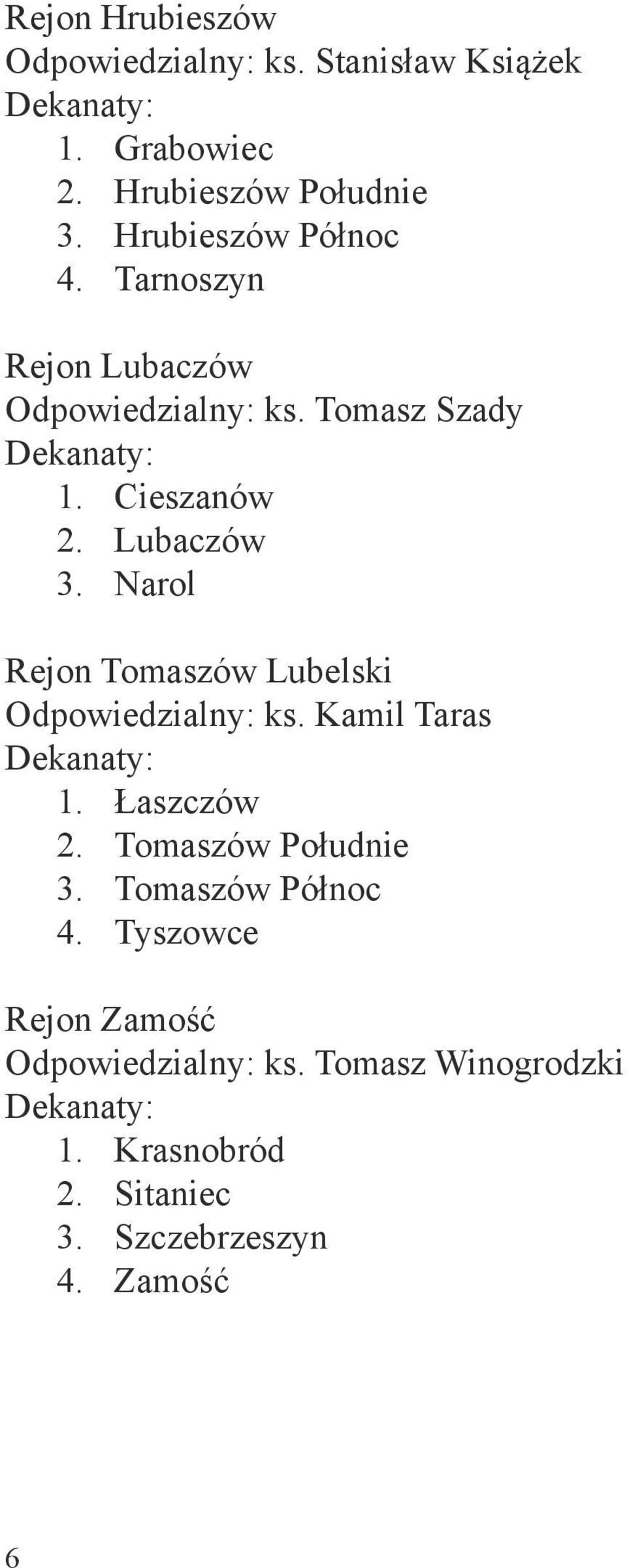 Narol Rejon Tomaszów Lubelski Odpowiedzialny: ks. Kamil Taras Dekanaty: 1. Łaszczów 2. Tomaszów Południe 3.