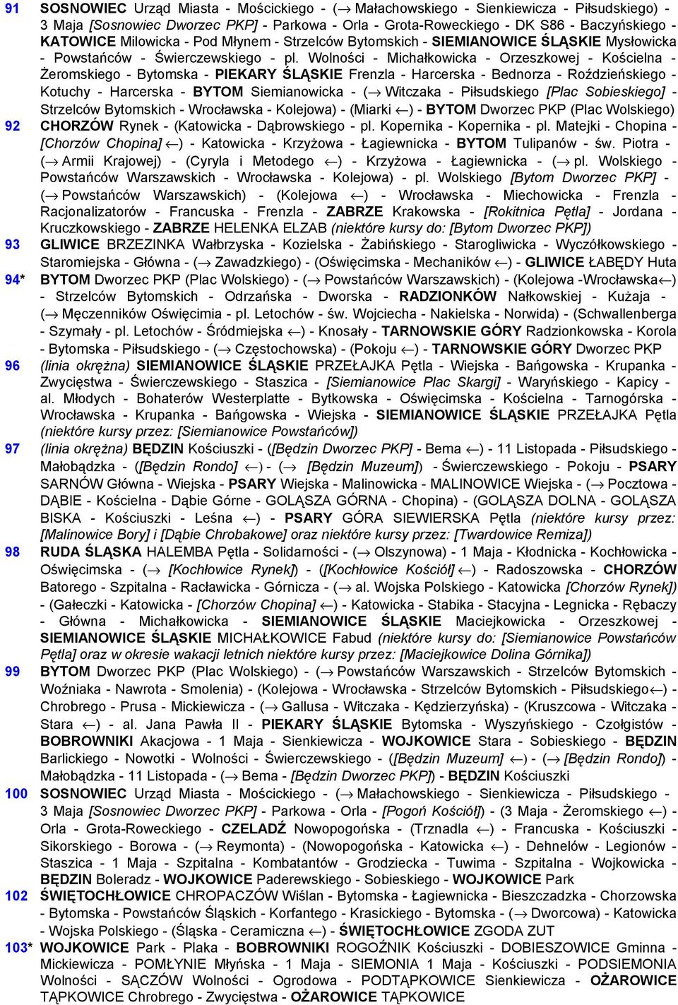 Wolności - Michałkowicka - Orzeszkowej - Kościelna - Żeromskiego - Bytomska - PIEKARY ŚLĄSKIE Frenzla - Harcerska - Bednorza - Roździeńskiego - Kotuchy - Harcerska - BYTOM Siemianowicka - ( Witczaka