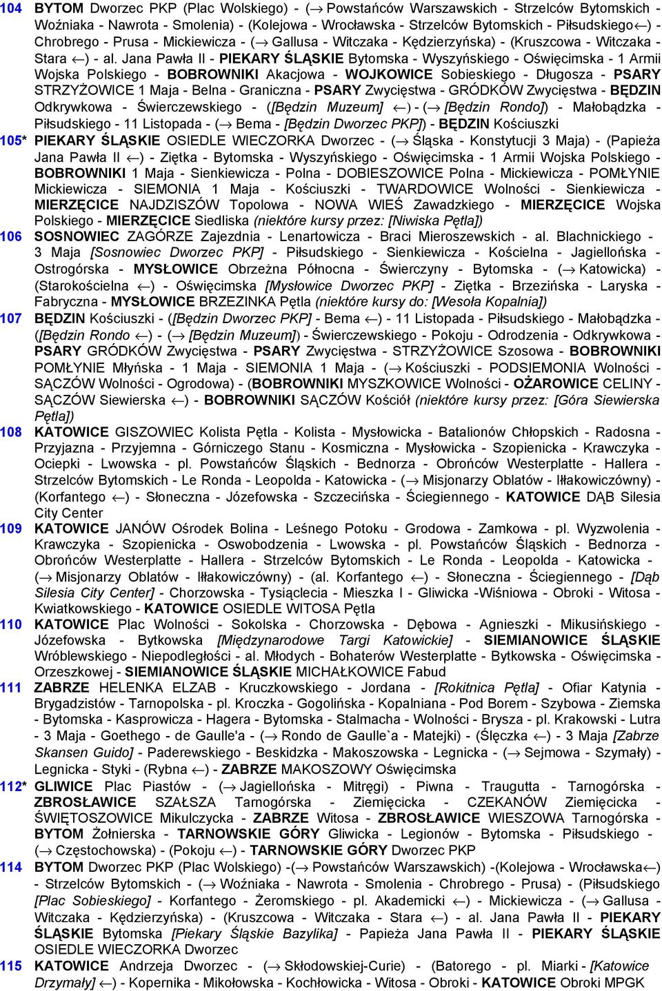 Jana Pawła II - PIEKARY ŚLĄSKIE Bytomska - Wyszyńskiego - Oświęcimska - 1 Armii Wojska Polskiego - BOBROWNIKI Akacjowa - WOJKOWICE Sobieskiego - Długosza - PSARY STRZYŻOWICE 1 Maja - Belna -