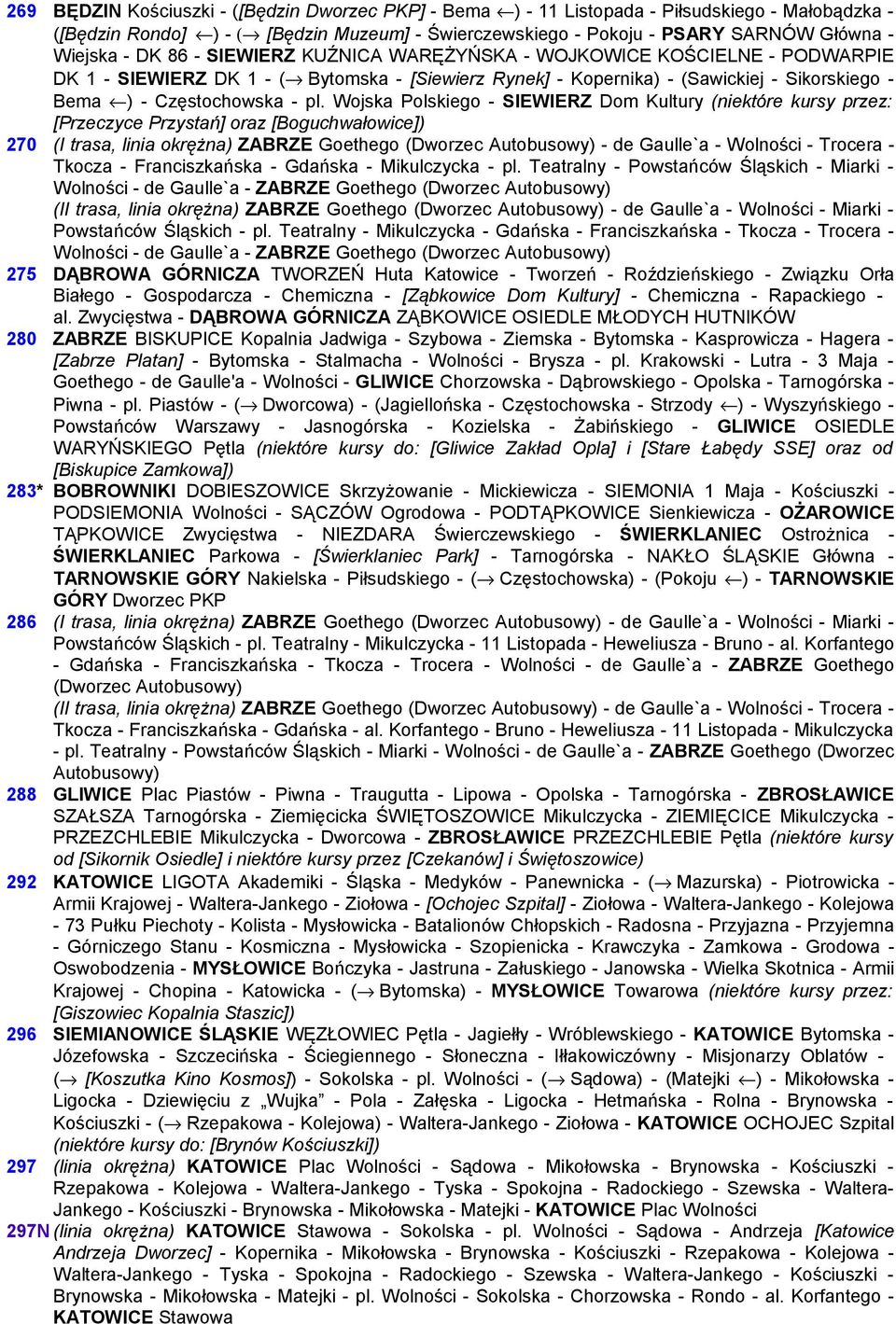 Wojska Polskiego - SIEWIERZ Dom Kultury (niektóre kursy przez: [Przeczyce Przystań] oraz [Boguchwałowice]) 270 (I trasa, linia okrężna) ZABRZE Goethego (Dworzec Autobusowy) - de Gaulle`a - Wolności -