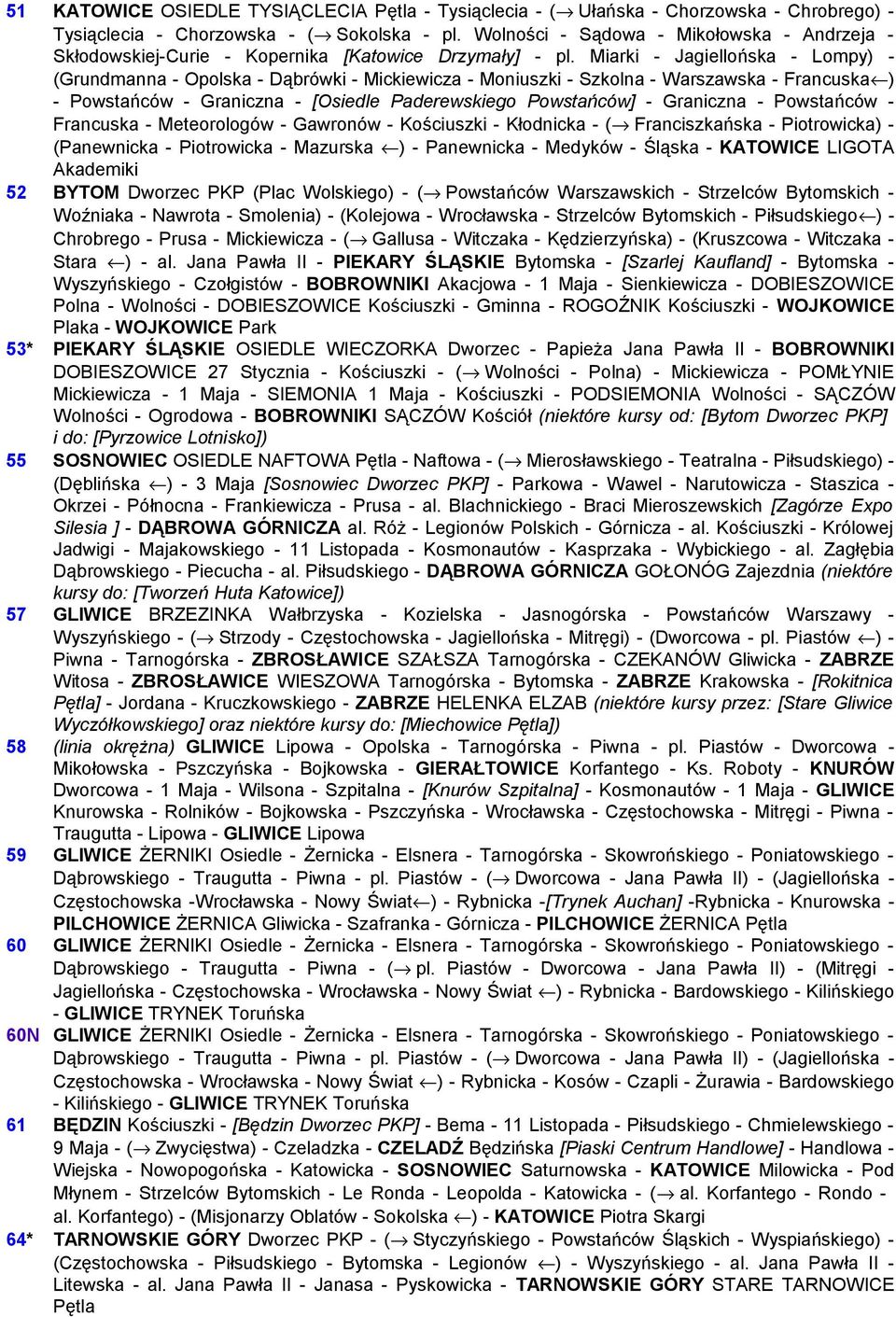 Miarki - Jagiellońska - Lompy) - (Grundmanna - Opolska - Dąbrówki - Mickiewicza - Moniuszki - Szkolna - Warszawska - Francuska ) - Powstańców - Graniczna - [Osiedle Paderewskiego Powstańców] -