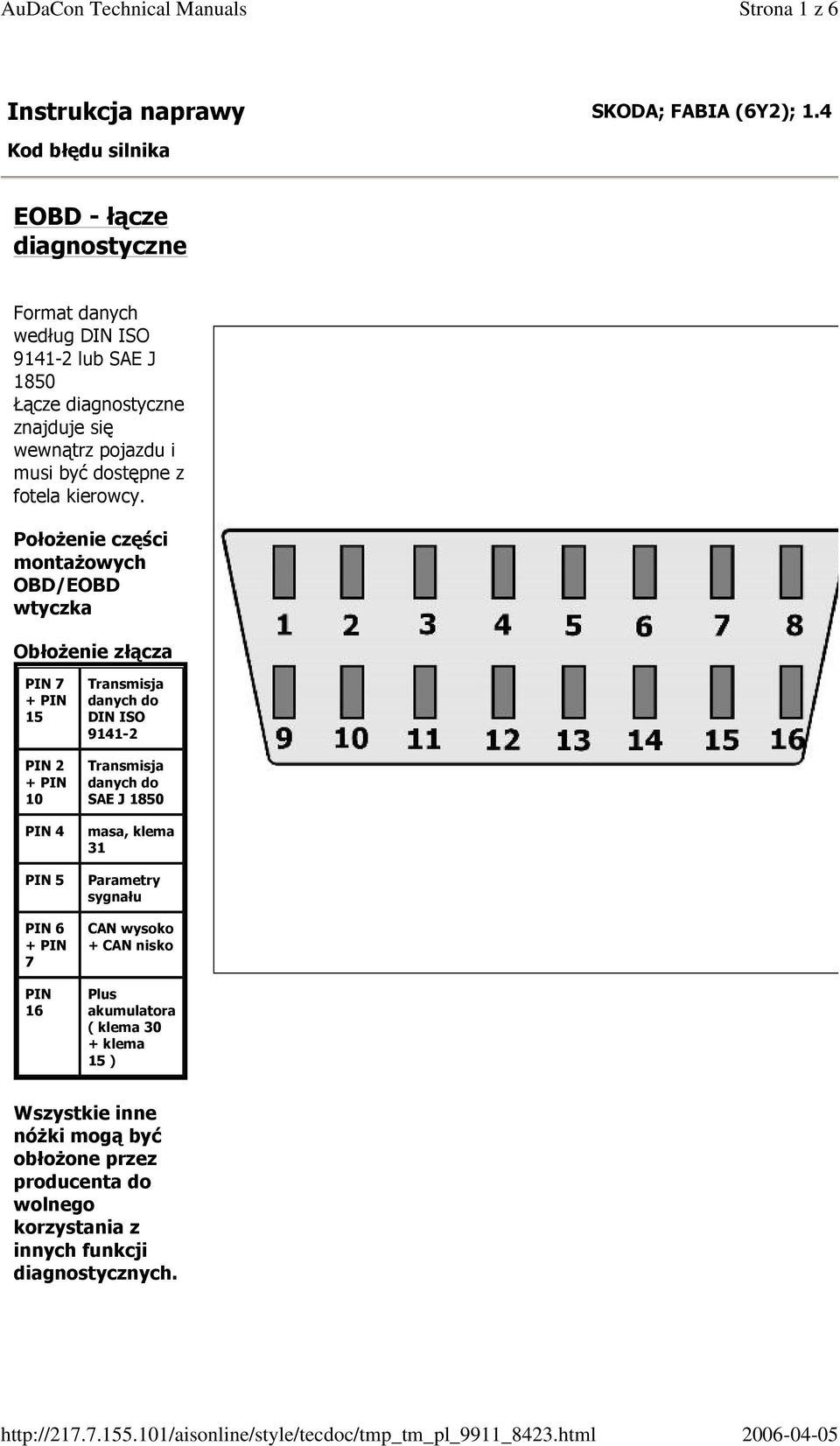 Instrukcja Naprawy Skoda Fabia 6y2 1 4 Eobd Lacze Diagnostyczne Audacon Technical Manuals Pdf Free Download