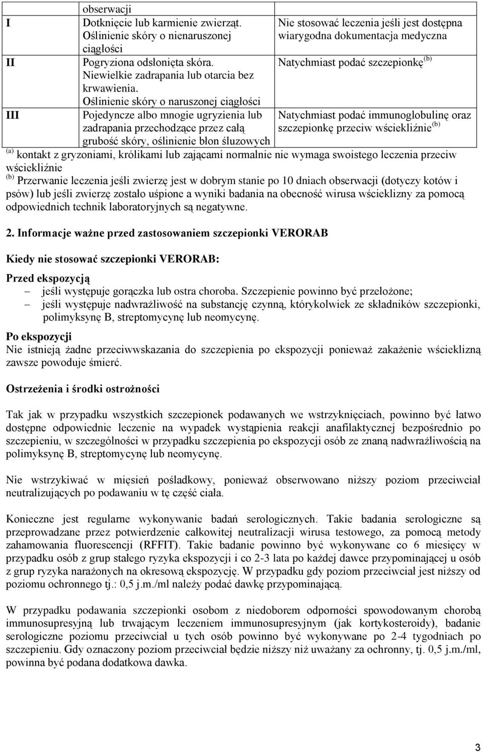 Oślinienie skóry o naruszonej ciągłości III Pojedyncze albo mnogie ugryzienia lub zadrapania przechodzące przez całą Natychmiast podać immunoglobulinę oraz szczepionkę przeciw wściekliźnie (b)