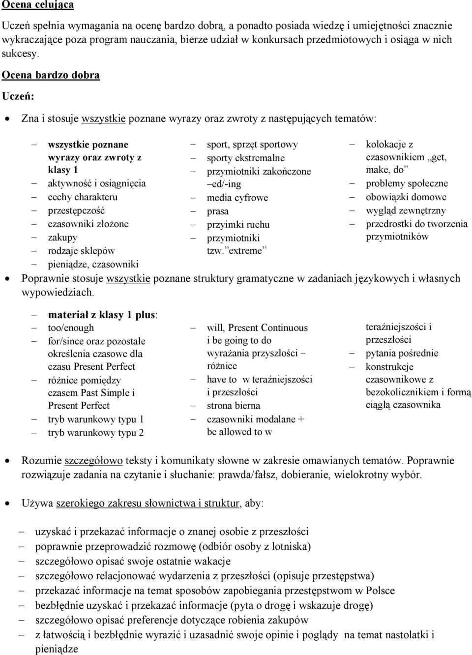 Ocena bardzo dobra Uczeń: Zna i stosuje wszystkie poznane wyrazy oraz zwroty z następujących tematów: - wszystkie poznane wyrazy oraz zwroty z klasy 1 - aktywność i osiągnięcia - cechy charakteru -