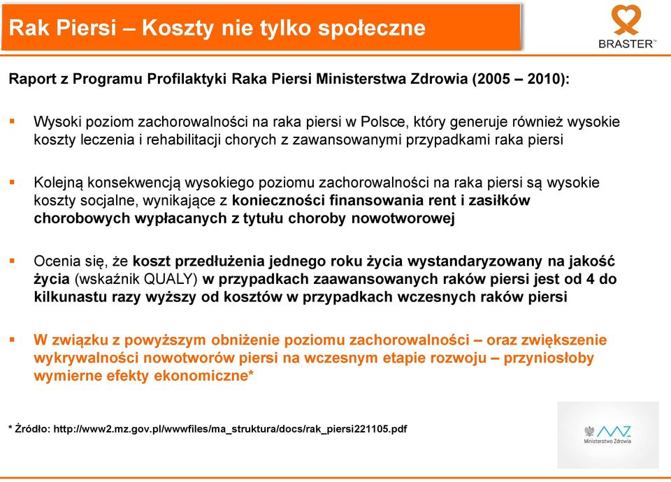 konieczności finansowania rent i zasiłków chorobowych wypłacanych z tytułu choroby nowotworowej Ocenia się, że koszt przedłużenia jednego roku życia wystandaryzowany na jakość życia (wskaźnik QUALY)