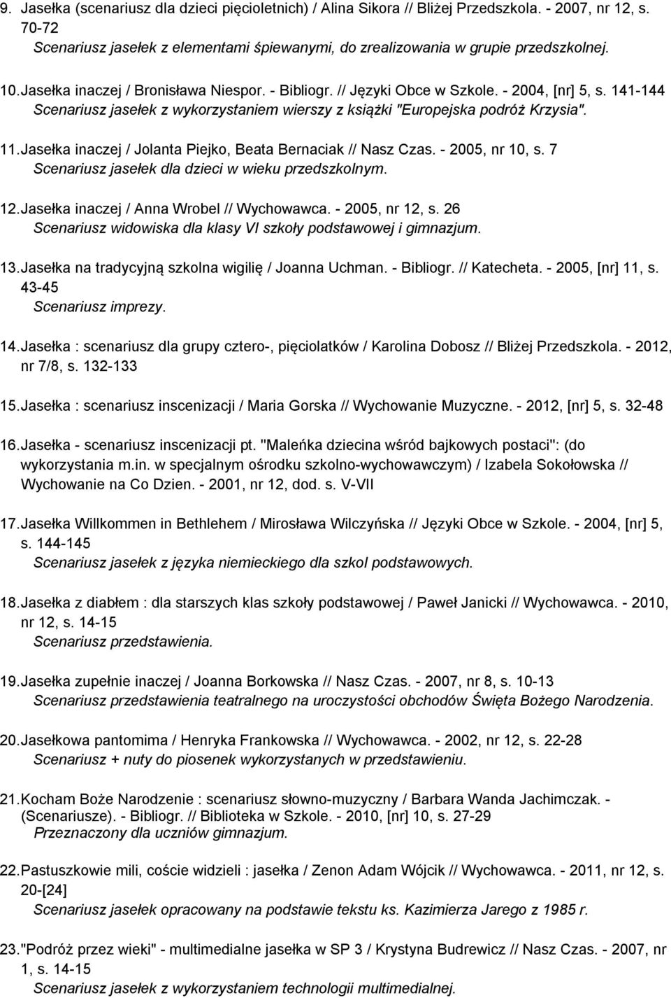 Jasełka inaczej / Jolanta Piejko, Beata Bernaciak // Nasz Czas. - 2005, nr 10, s. 7 Scenariusz jasełek dla dzieci w wieku przedszkolnym. 12. Jasełka inaczej / Anna Wrobel // Wychowawca.