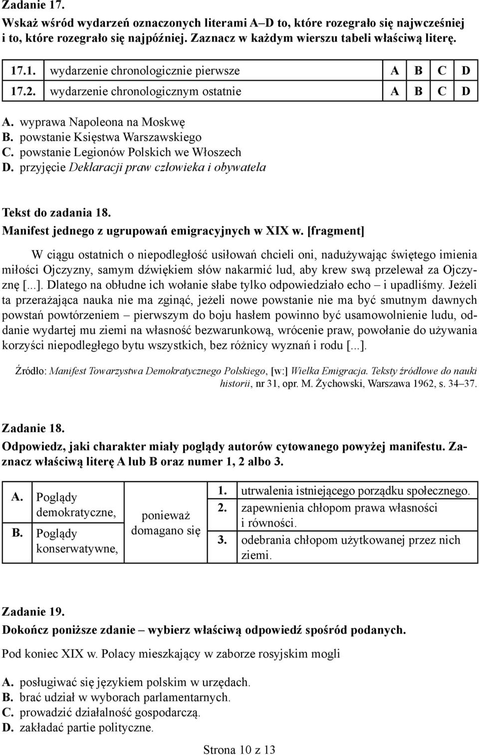 przyjęcie Deklaracji praw człowieka i obywatela Tekst do zadania 18. Manifest jednego z ugrupowań emigracyjnych w XIX w.