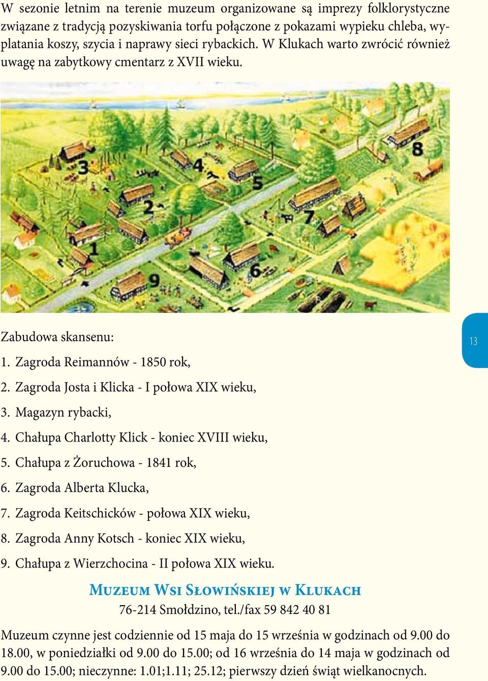 Magazyn rybacki, 4. Chałupa Charlotty Klick - koniec XVIII wieku, 5. Chałupa z Żoruchowa - 1841 rok, 6. Zagroda Alberta Klucka, 7. Zagroda Keitschicków - połowa XIX wieku, 8.